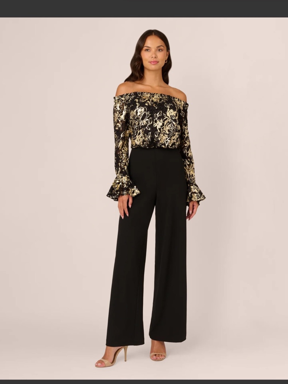 Adrianna Papell - Off-Shoulder Floral Blouse & Black Wide-Leg Pants Jumpsuit - Picture 2 of 8